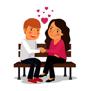 坐在长椅上谈恋爱的年轻男女卡通矢量插画图片