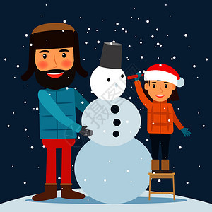冬天父亲和女儿堆雪人矢量插画图片