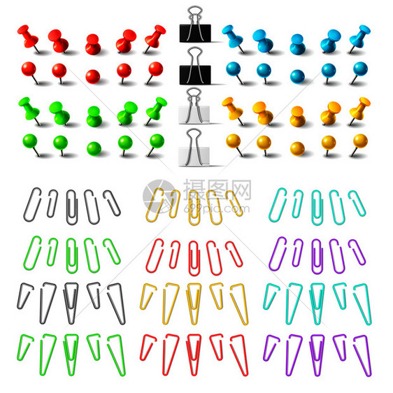 色彩多的推进器和纸板钢粘合器静板元素最上视图颜色3D现实的插针和纸片矢量收集色彩多的推进器和纸板粘合贴元素图片