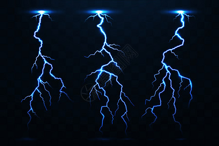 雷电和闪现实的雷暴闪在夜天空中电蓝色闪在透明矢量设定时被隔离雷电和闪暴图片