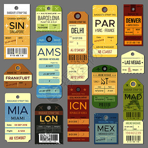 带有航班登记符号的旧行李标签或复古标签独立的老式航空行李标签和机场机票向量集带有航班登记符号的旧行李牌或标签独立的老式行李标签和图片