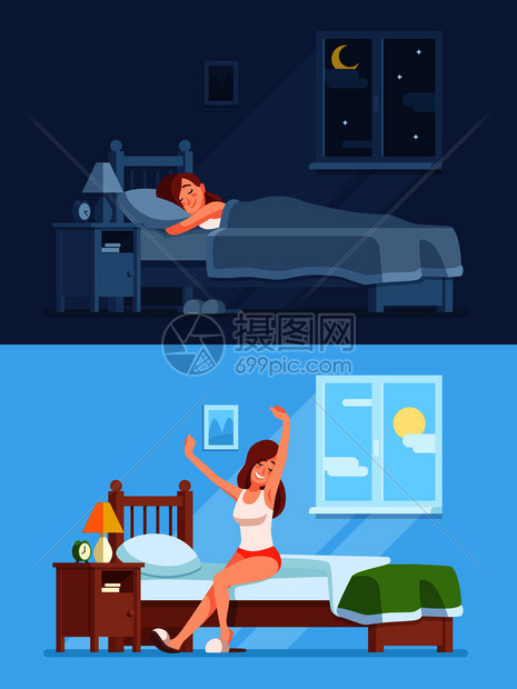 女孩起床和睡觉场景卡通矢量插画图片