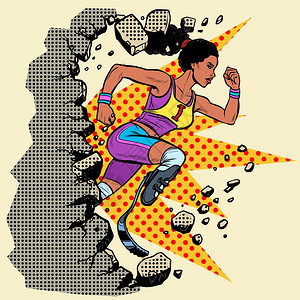 运动比赛流行艺术回放矢量插图老古董墙上的残疾非洲妇女跑步者用腿假肢跑步者图片