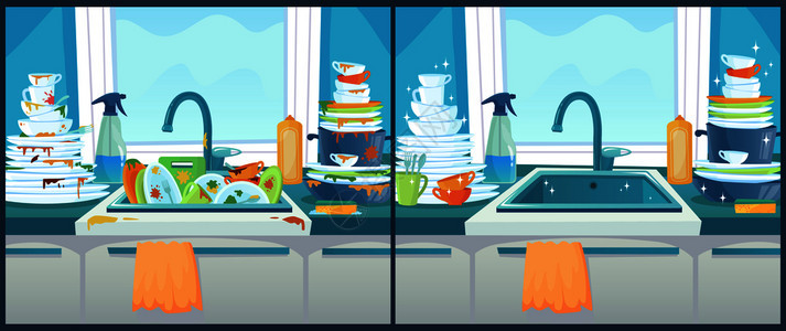 脏乱差的厨房和清洁过的厨房卡通矢量插画图片