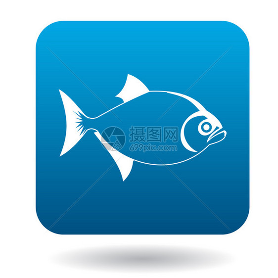 以蓝色方形的简单样式显示鱼图标。 动物符号鱼图标,简单样式图片