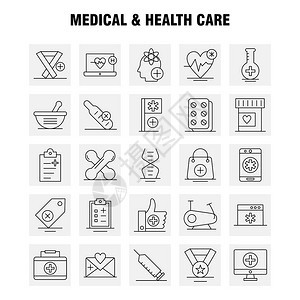 网络印刷品和移动式uxi工具包的医疗和保健线图标例如酒瓶医疗实验室院旗帜保健象形图包图片