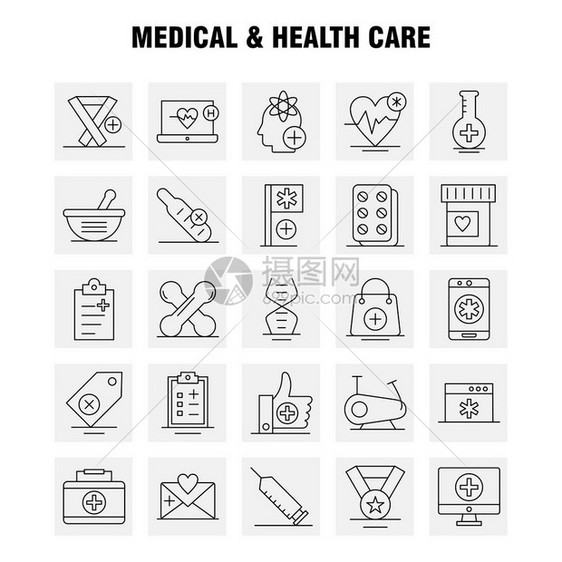 网络印刷品和移动式uxi工具包的医疗和保健线图标例如酒瓶医疗实验室院旗帜保健象形图包图片