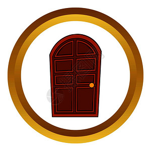 古木简约家具金圆的褐色木门矢量图标白色背景上孤立的卡通风格棕色
