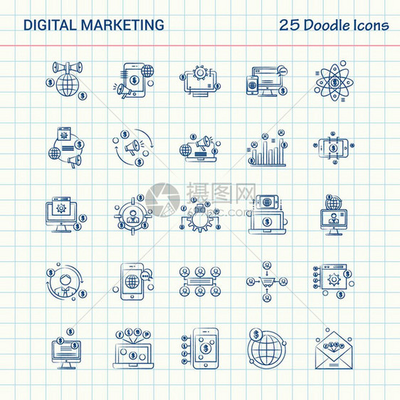 25个纸面图标手工绘制的商业图标集图片