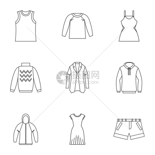 成套的着装图标用于web的9个着装矢量图标的大纲插服装标集大纲样式
