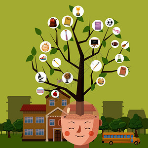 教育概念脑树卡通风格图图片
