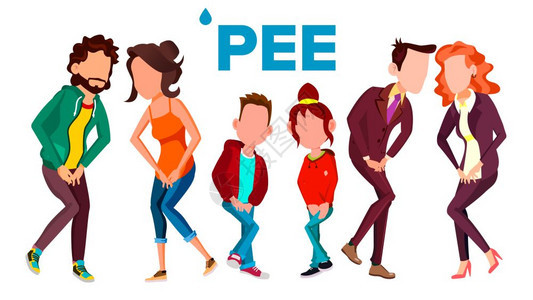 在公共厕所排队憋尿的卡通人物矢量插画图片