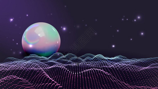 狂欢复古未来风格的波浪背景狂欢派对迪斯科舞旗背景抽象闪亮的球体和山丘电子音乐会3d插图狂欢未来风格的波浪背景图片