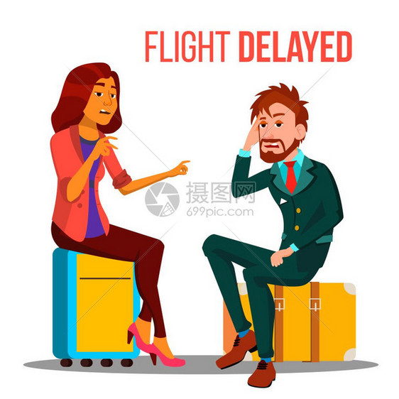 航班延迟取消男女坐在行李箱的卡通矢量插图图片