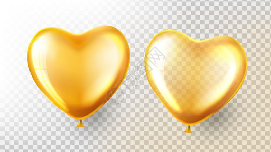 透明3个现实的空气球以心脏形式呈现个实的气球金黄气球节日设计明亮的装饰插图图片