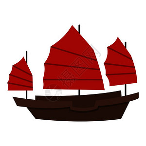 海洋城市白背景矢量图上孤立的船红帆图标平板插画