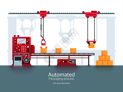 用于工厂和业制造的传送机具有器生产线矢量说明的工业包装机背景图片
