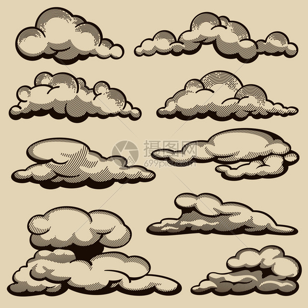 旧式风格矢量组乌云草图毛旧式绘图拼插手画云旧式风格矢量组