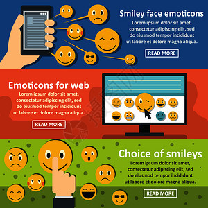 面带情绪的横幅水平概念集3张面带情绪矢量的平面插图张带情绪矢量横线网络的向概念面带情绪的笑横幅水平套板风格图片