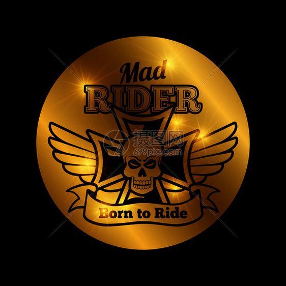 金背景上闪亮的骑摩托车者徽章矢量图图片