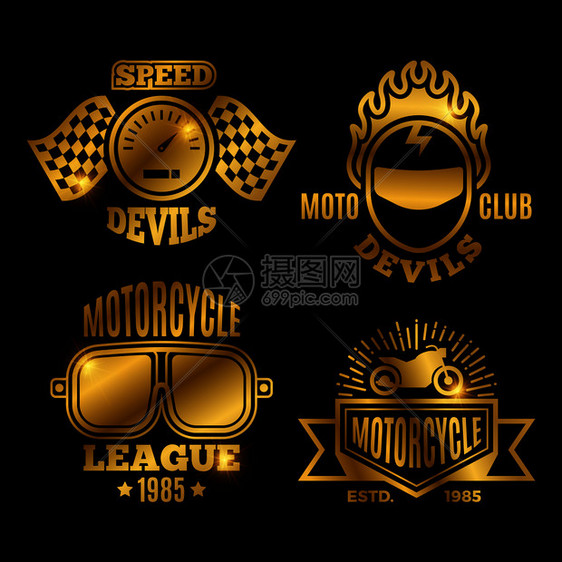 闪亮的金色摩托车和运动标签成套插图的矢量金色摩托车和运动标签矢量图片