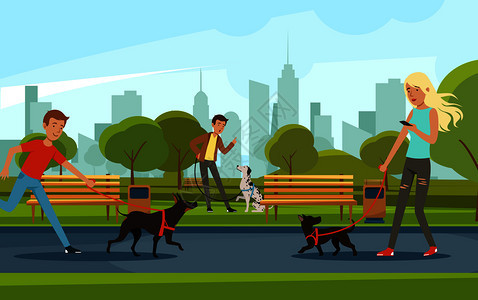 城市公园中与狗一起行走的人图片