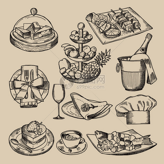 餐饮菜单的反向样式不同图片矢量手工绘制插图餐厅陈年食品绘画餐饮菜单的反向样式不同图片矢量手工绘制插图图片