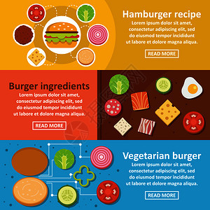 汉堡包横幅横幅概念集平面图3汉堡工具包矢量横幅横向概念的网站汉堡包横幅横幅套装平面风格图片