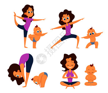 婴儿瑜伽与母亲及其婴儿的相互锻炼对初学者的不同姿势和锻炼卡通人物瑜伽母亲和婴儿身体健康锻炼的姿势病媒说明对初学者的不同姿势和锻炼图片