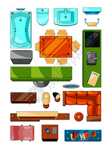 为公寓布局设置了不同的家具矢量图片设置了顶部视图室内公寓规划沙发和表格插图为公寓布局设置了不同的家具矢量图片设置了顶部视图图片