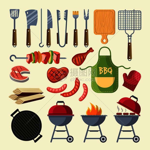 烧烤各种特殊工具和食物矢量插图图片