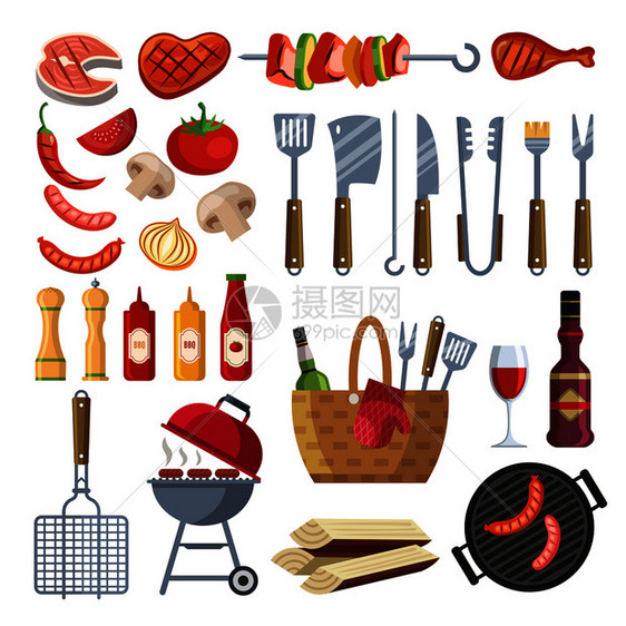 烧烤各种特殊工具和食物矢量插图图片