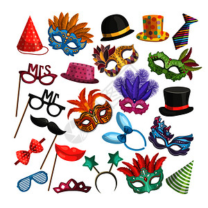 马戏团小丑嘉年华的不同元素化妆舞会的有趣面具漫画风格的矢量图解