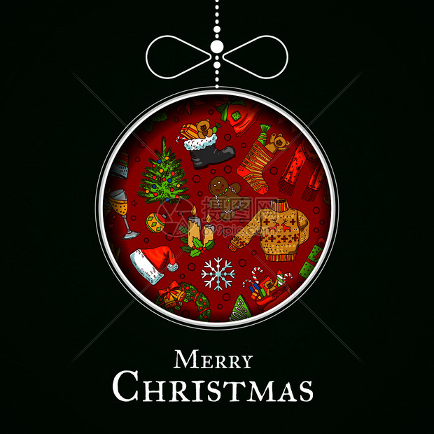 手画彩色的圣诞节元素带有圣塔Xmas树礼品和钟声背景带有Xmas树玩具带有阴影和文字说明位置图片