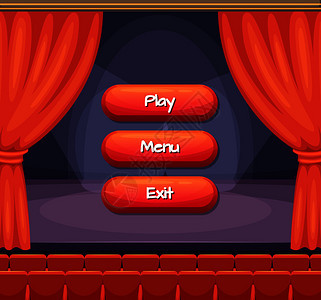 在幕背景的戏剧场设计游戏时带有文字的矢量卡通风格按钮带有窗幕背景的戏剧场设计游的文字图片