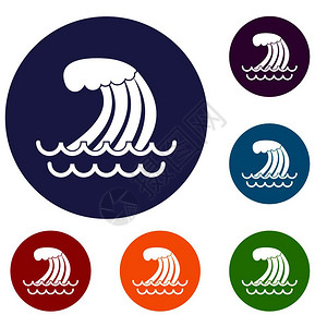 潮汐以网状平面圆形蓝色和绿组的海啸波图标插画