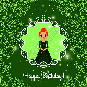 带童话公主和绿叶装饰品的圣诞快乐绿贺卡矢量说明与公主生日快乐绿贺卡图片