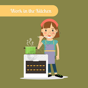 妇女在厨房工作烹饪食物矢量说明妇女在厨房做饭图片