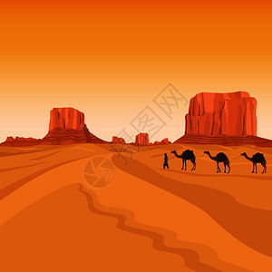 带沙丘和骆驼的山地沙漠矢量景观图片