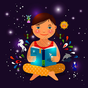 可爱的小女孩读关于魔法独角兽和仙子矢量插图的书可爱女孩读关于魔法的书图片