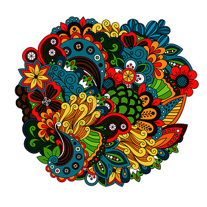国外人喜欢的图案民族色彩的花朵像缠结的涂鸦圆形图案矢量民族彩花