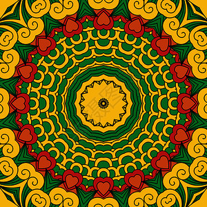 美丽的完整框架黄色和绿几何设计以圆形模式带有一排红心黄色几何设计图片