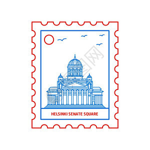 Helsink参议院广场邮票蓝色和红线风格矢量插图图片