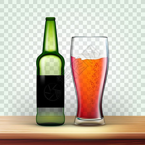 带有啤酒矢量的现实绿色瓶子和玻璃带有空白标签和泡沫酒精饮料的模拟板清晰瓶子在透明网格背景上孤立的图像3d插图带有啤酒矢量的现实绿图片