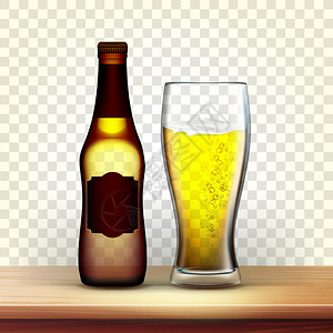 实际的棕色瓶子和啤酒杯的冰层矢量模拟板关闭空瓶子上面贴有空白标签上面有冰冷的霜啤酒图像在透明网格背景中被孤立3d插图现实的棕色瓶图片