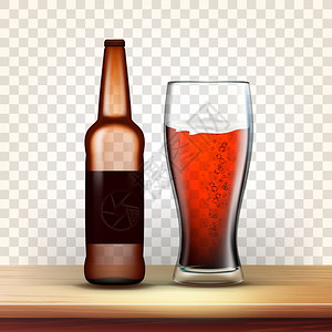 封闭瓶和满的白大麦酒杯模拟空贴纸透明网格背景上孤立的图像3d插图现实瓶和黑色啤酒矢量杯图片