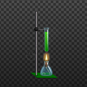 实验室玻璃瓶带有绿色液体烧烤瓶和烈酒精灯在透明网格背景中隔绝图像3d说明现实化学验室设备矢量图片