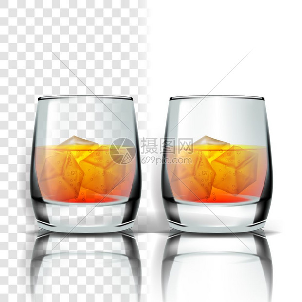 苏格兰威士忌白地或波本蒸馏的冷金酒精饮料在透明网格背景中隔绝图片