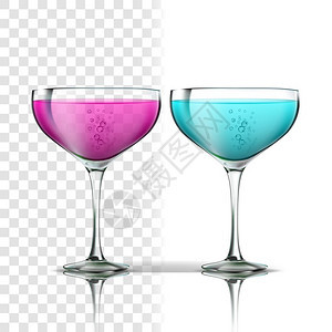 典型的蓝色冷饮酒和新鲜的紫色鸡尾酒精在透明网格背景中被孤立3d插图现实的杯子与饮料鸡尾酒矢量图片
