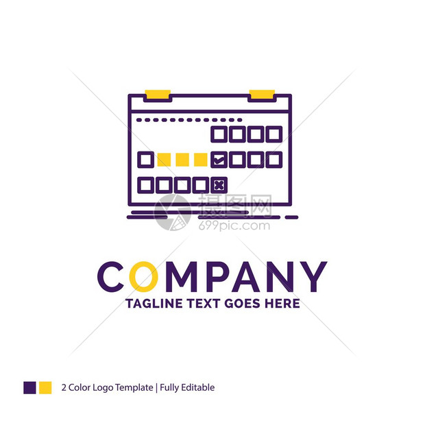 用于日历期事件发布时间表的公司名称标识设计紫黄品牌并配有标签用于小型和大企业的创意标识模板图片